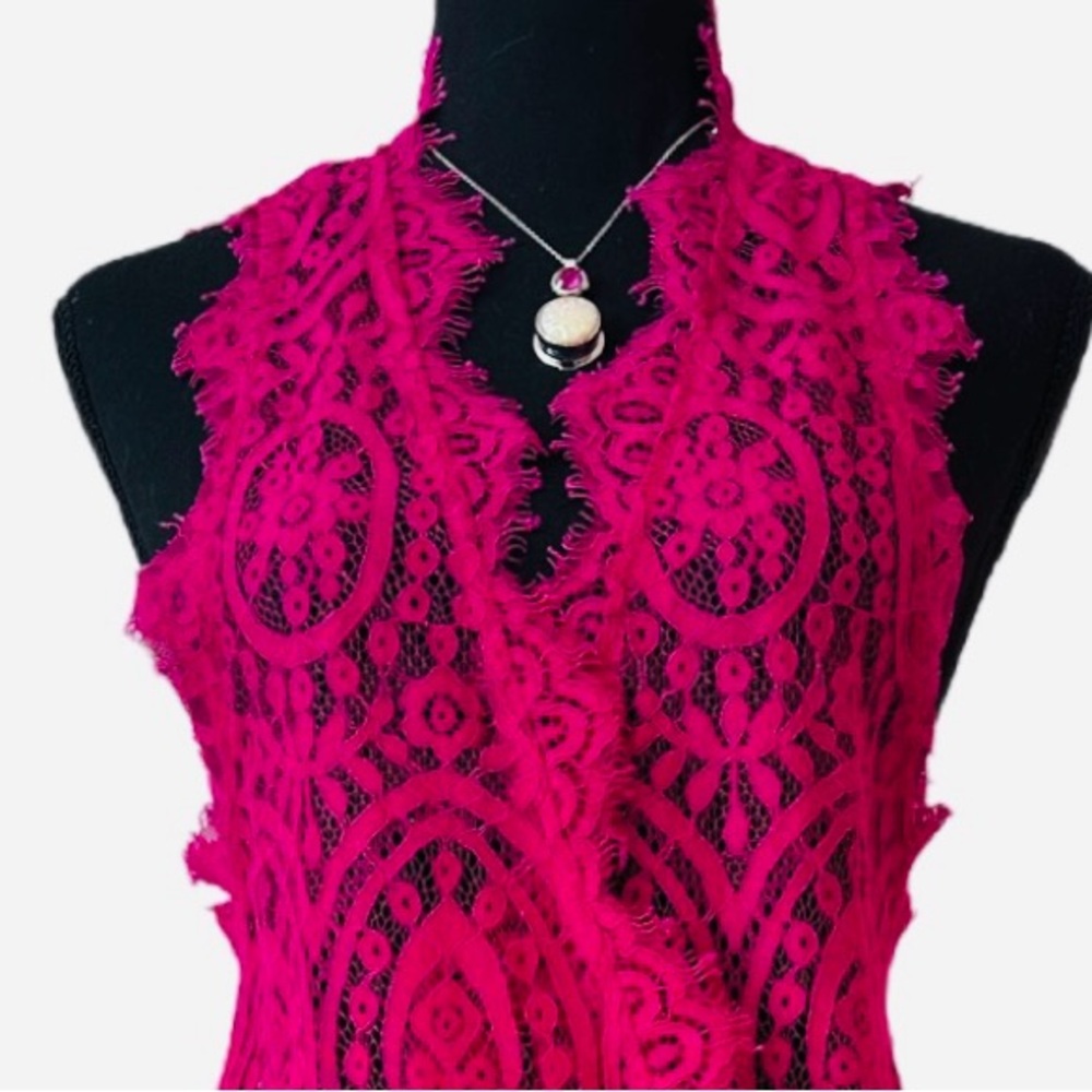 FREE PEOPLE ~ Fuchsia Sleeveless Eyelash Lace Drop Waist Dress size M - Picture 6 of 8